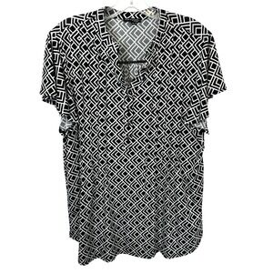 Ava & Grace Plus Size 1X Top Black White Geometric‎ Flutter Sleeve Office 547